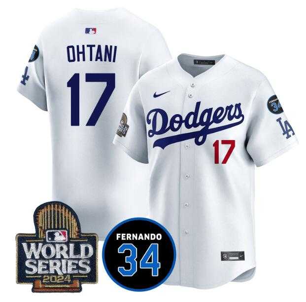Men%27s Los Angeles Dodgers #17 Shohei Ohtani White 2024 World Series With Fernando Memorial Patch Limited Stitched Jersey Dzhi->los angeles dodgers->MLB Jersey